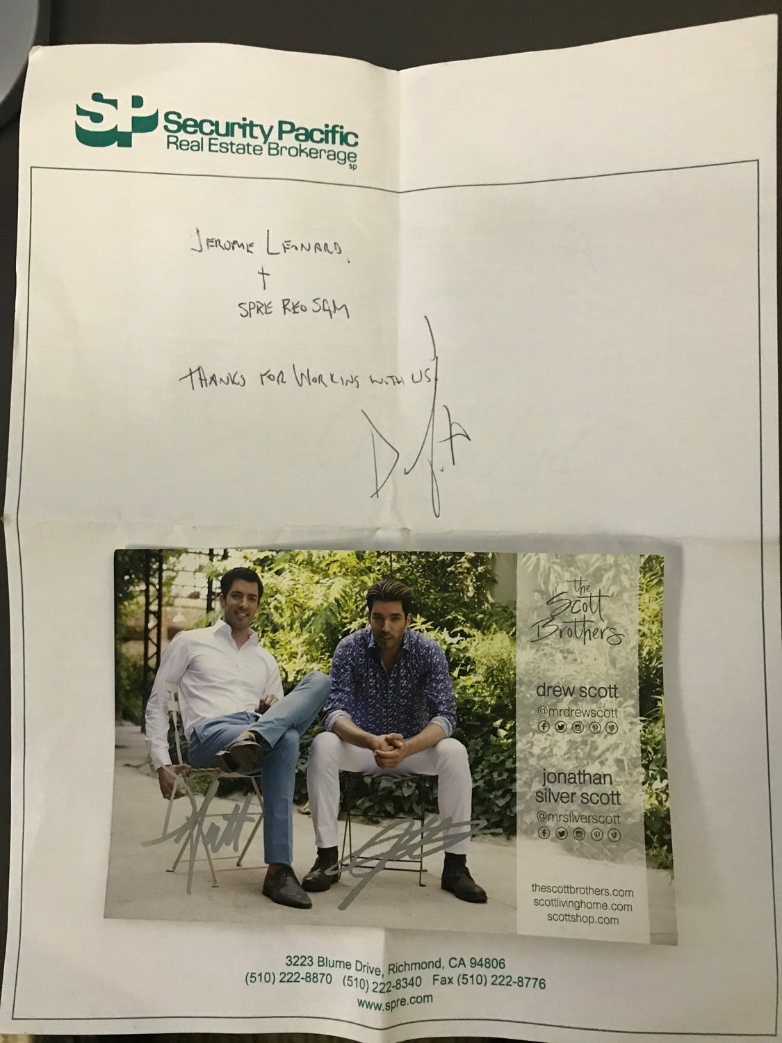 Autographed thank-you from Drew and Jonathan Scott to Jerome Leonard